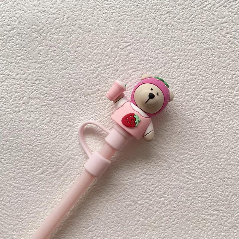 1PC Pink Strawberry Bear Silicone Straw Cap For 7-8mm Straw Water Cup Dust Plug Reusable Christmas Decoration Cup Accessories