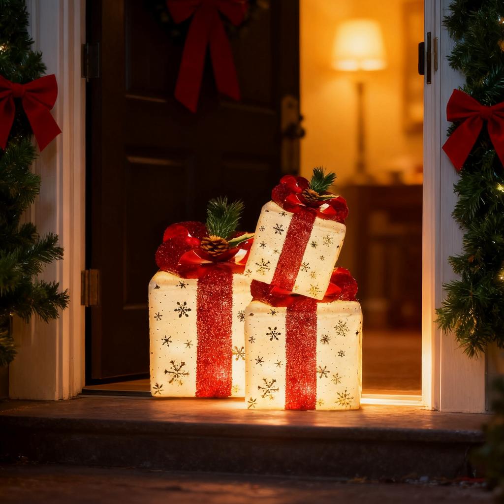 Weihnachtsbeleuchtung Geschenkbox 3-teiliges Set, Dekorative LED-Außenbeleuchtung Geschenkbox, Goldene Schneeflocken-Geschenkbox, Plug-in Weihnachtsdekoration