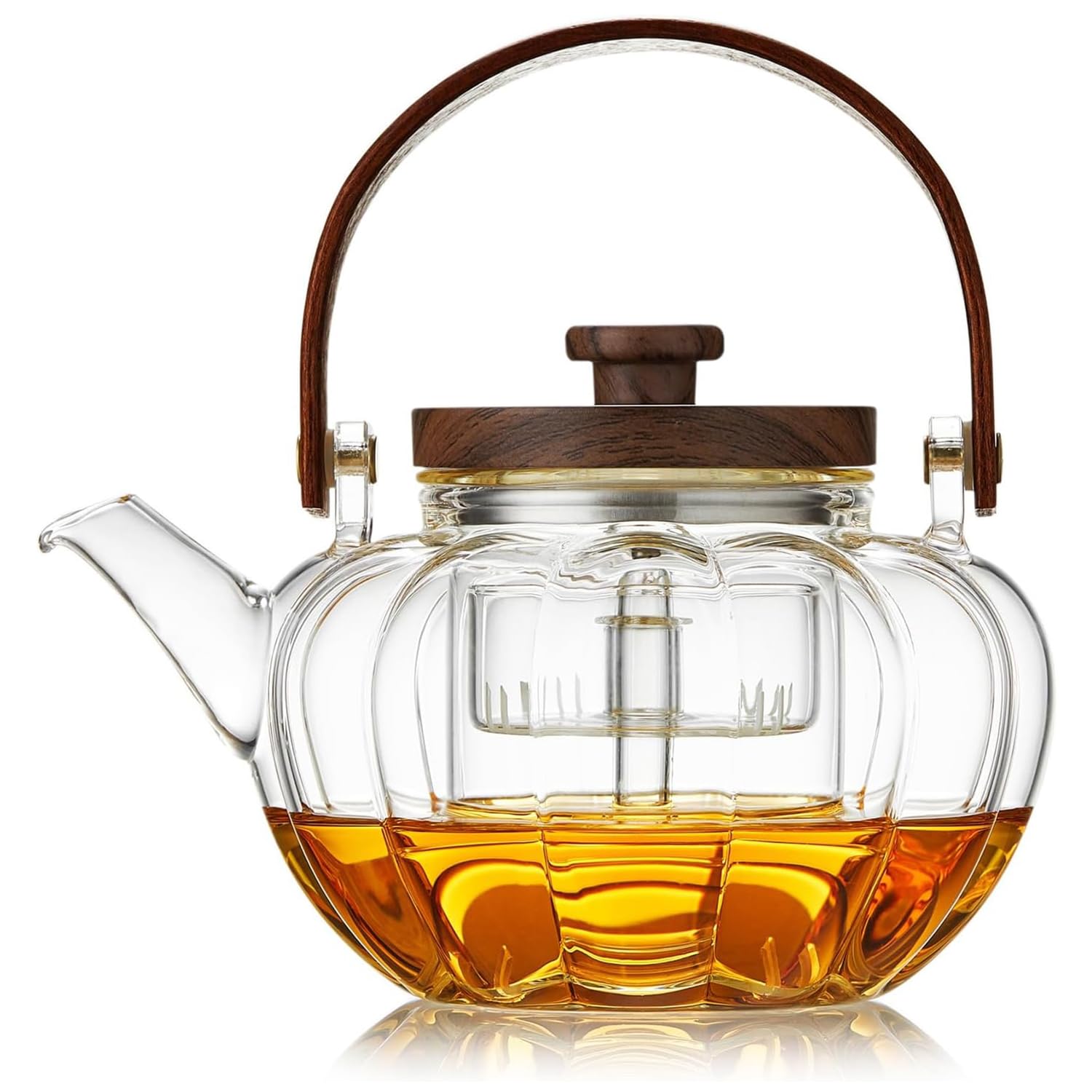 

Pokaro Tea Heat-Resistant Glass Teapot, Pumpkin Shape, 940ml, Vertical Stripe Design, Suitable for Steaming and Boiling Tea, Includes Tea Strainer,