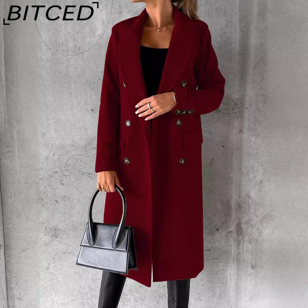 BITCED Women's Spring Coat - Versatile Wool-Blend Trench Coat Solid Colour Long-Sleeved Double-Breasted Style with Slash Pockets