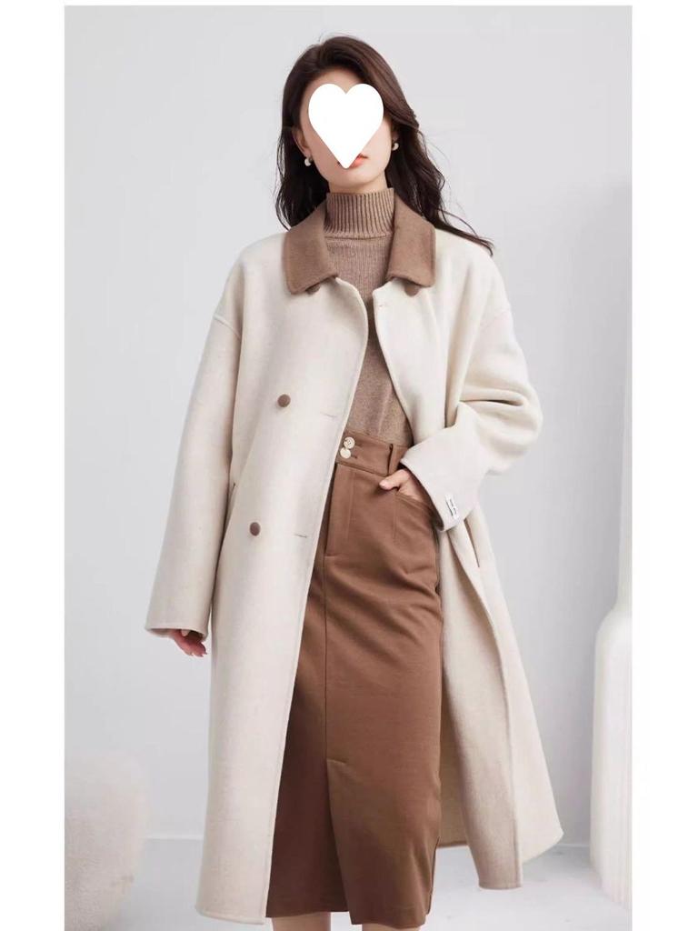 Women's Elegant Beige Woolen Mid-Length Coat, 2025 Winter French Casual, Petite Plus, Thick Outerwear