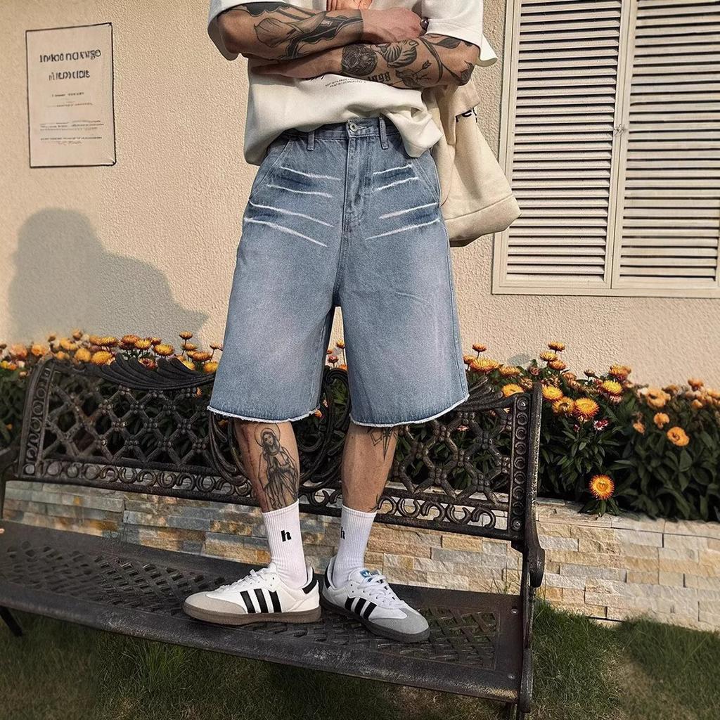 American Retro Washed Cat Whisker Pattern Burr Edge Straight Jeans Men's and Women's High Street Loose Casual Five-point Pants