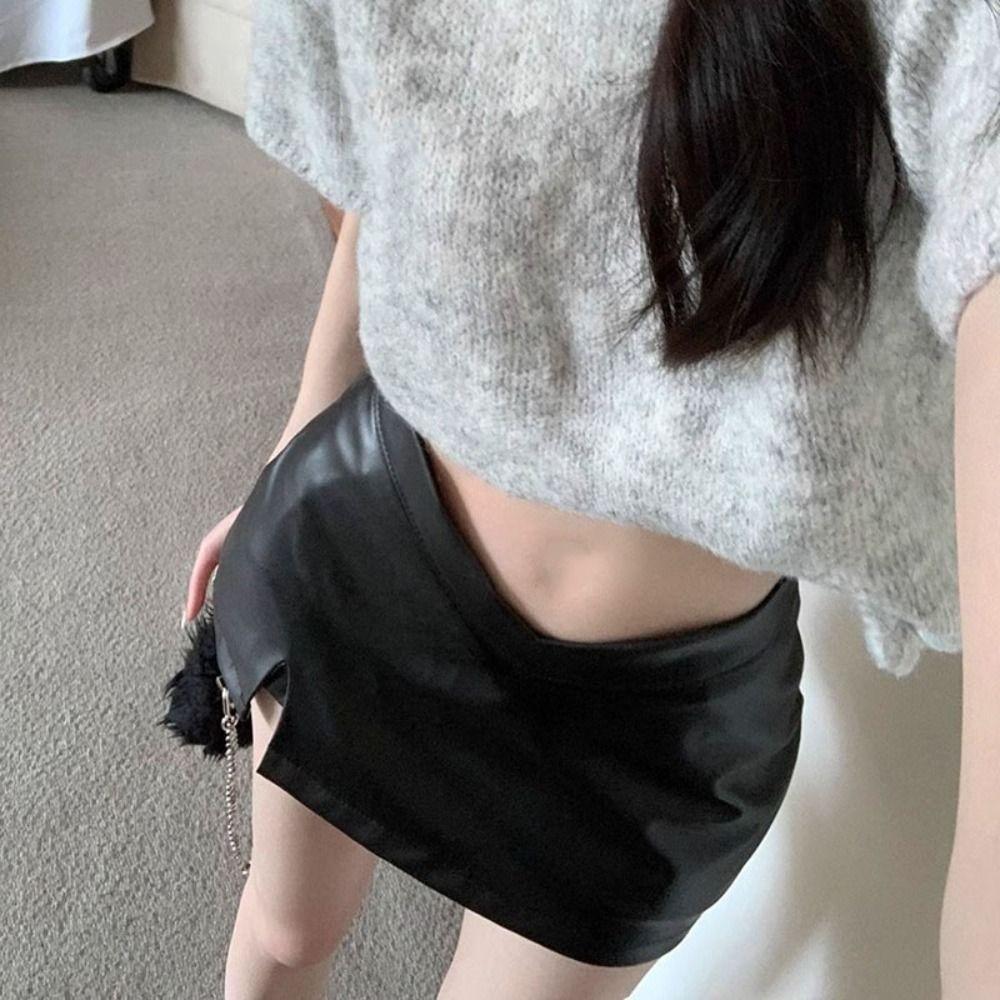 Waterproof PU Leather Skirt Solid Color High Waist A-line Skirt Sweet Short Mini Skirts  Lady