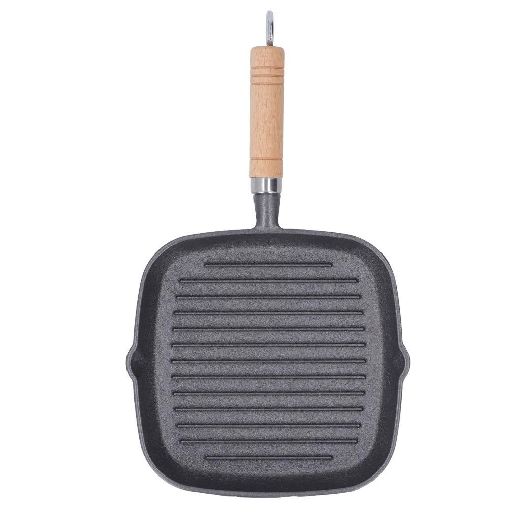 Cast Iron Steak Pan Wooden Handle Steak Griddle Kitchen Cookware Grill Pan  Indoor & Outdoor