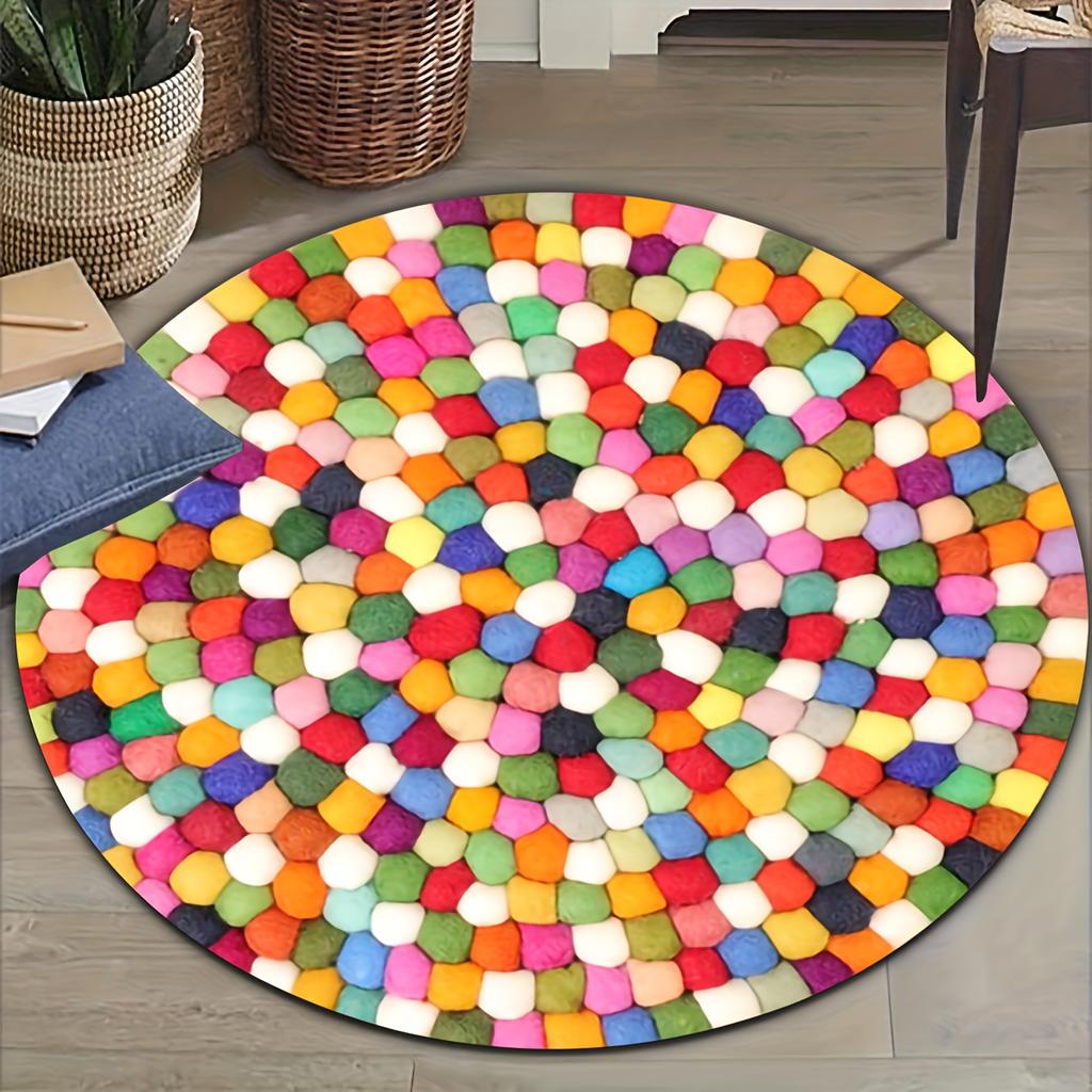 Flannel Printed Round Rug With Colorful Pebble Design For Home Decor Soft Floor Mat Boho Art Theme Playful Style