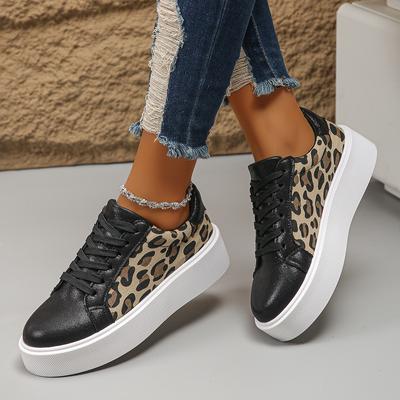 Damen Sneaker Leo-Muster Freizeitschuhe Outdoor Vulkanisierte Schuhe Canvas Laufschuh Schnürung Plateau Damenschuhe