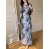 Autumn and Winter New Cold Mesh Yarn Long-sleeved Hip-wrapped Long Dress Butterfly Ink Printing Slim-fitting Long-sleeved Dress