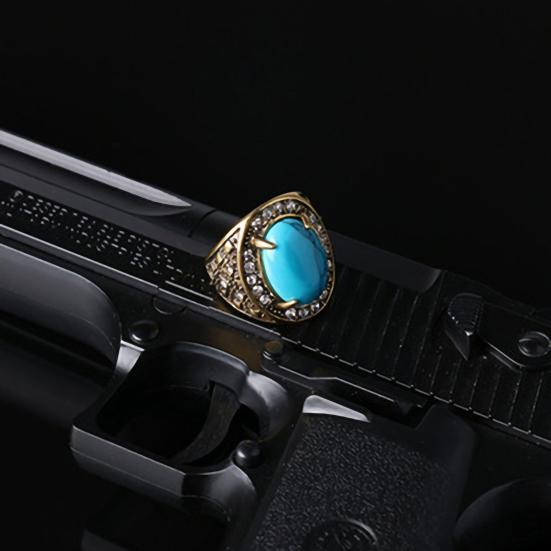 Unisex Turquoise Inlaid Ring Men Women Rhinestone Retro Ring Jewelry for Party