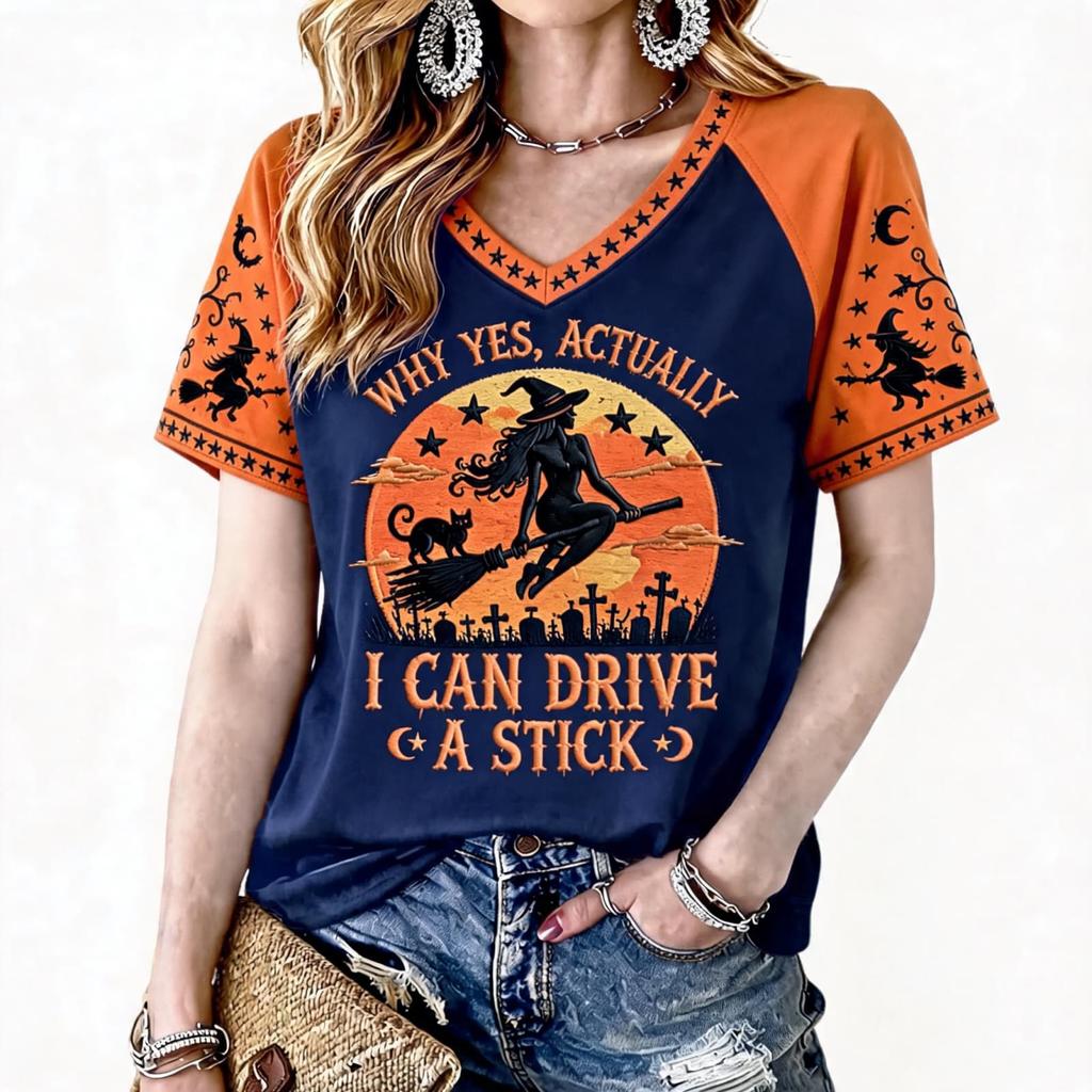 Women's Halloween Printed Raglan Short Sleeve T-Shirt