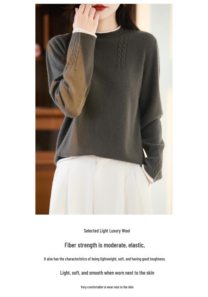 Autumn/Winter Pure Wool Cable Knit Double Round Neck Rolled Hem Long Sleeve Color Block Loose Pullover