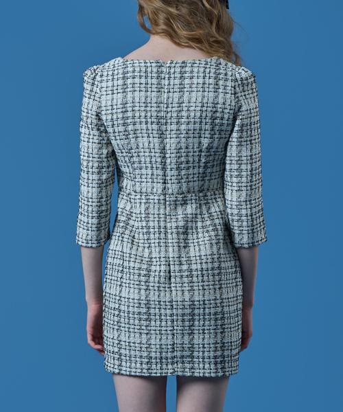 KOLEAT Tweed Vintage Square Neck Mini Dress [Ivory]