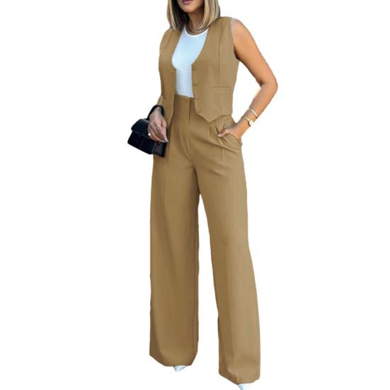 Women Wide Leg Pants with Sleeveless Vest Solid Color High Waist Elegant Lady