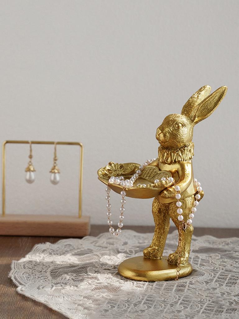 Cute Golden Bunny Figurine Jewelry Ring Tray Decorative Easter Rabbit Statue Resin Animal Sculpture Home Table Desk Ornament