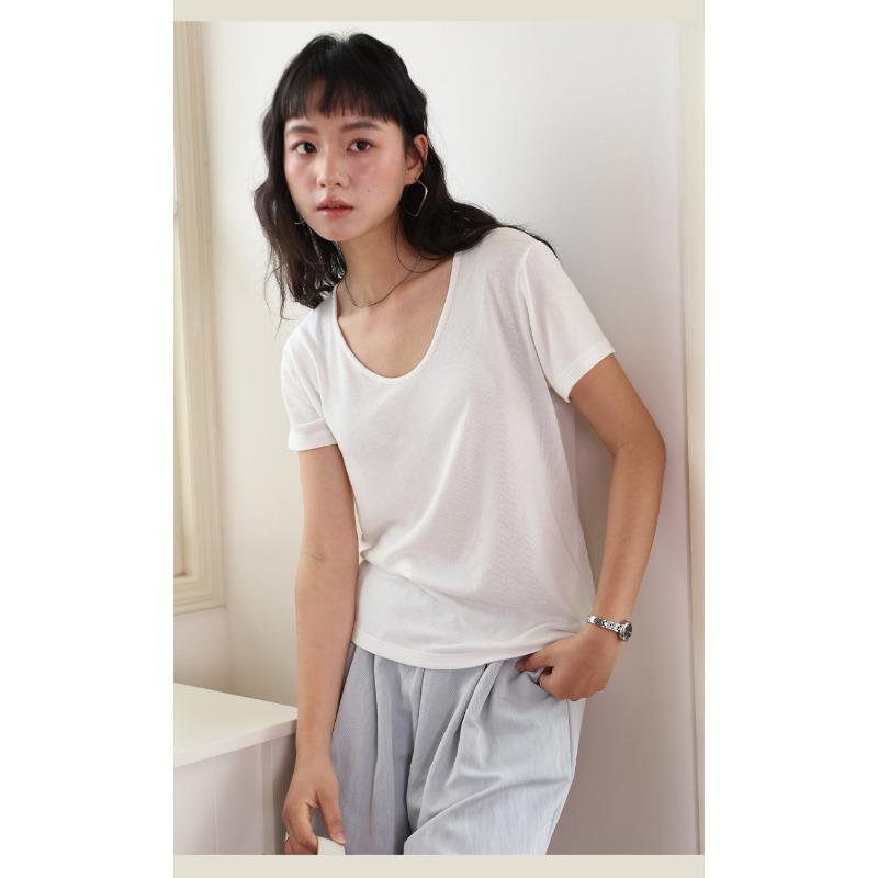 New Spring and Summer Silk Bottoming Shirt Women's Lyocell Goose Egg Neck Short Sleeve Top
