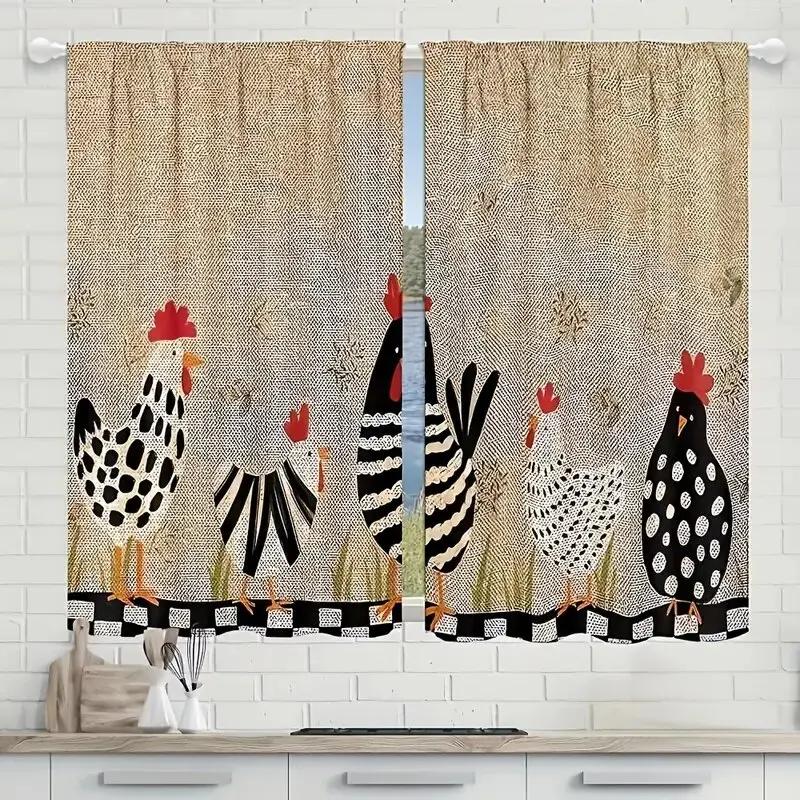 Colorful Cute Rooster Hen Pattern Printed Curtains Window Decorations Home Room Set Of 2 Made Polyester