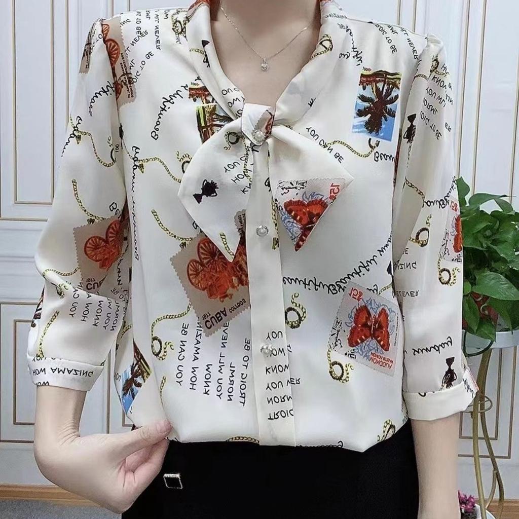 Cămașă de șifon cu mâneci trei sferturi și panglică pentru femei, ținută de vară pentru mamă, cămașă largă și subțire