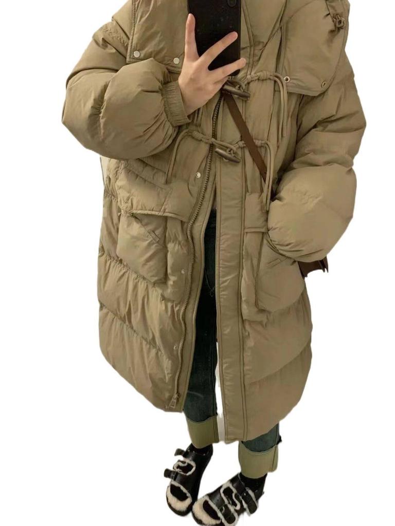 Damen Koreanischer Stil Kapuzen-Baumwollmantel lang, Übergröße, Taillenformend, Wintergefüttert, Über Knie-Länge