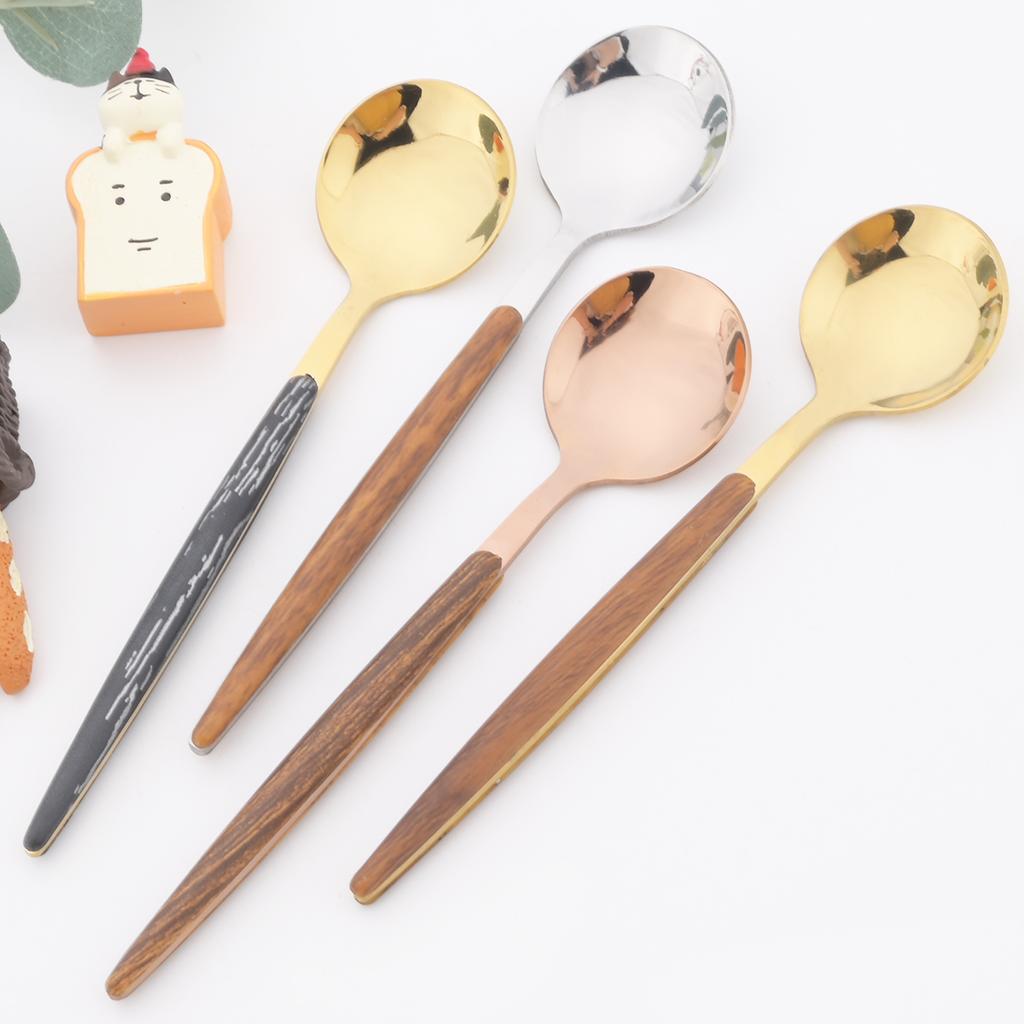 24 ks Černozlatá sada příborů s dřevěnou rukojetí Nerezová sada nádobí Nůž Vidlička Kávová Malé lžičky Stolní nádobí Kuchyňské Stříbrné nádobí