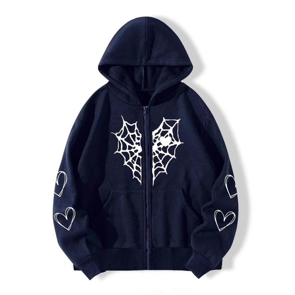 Spider Web Heart Print Fleece-Lined Zipper Hoodie for Men and Women - Autumn/Winter Collection.