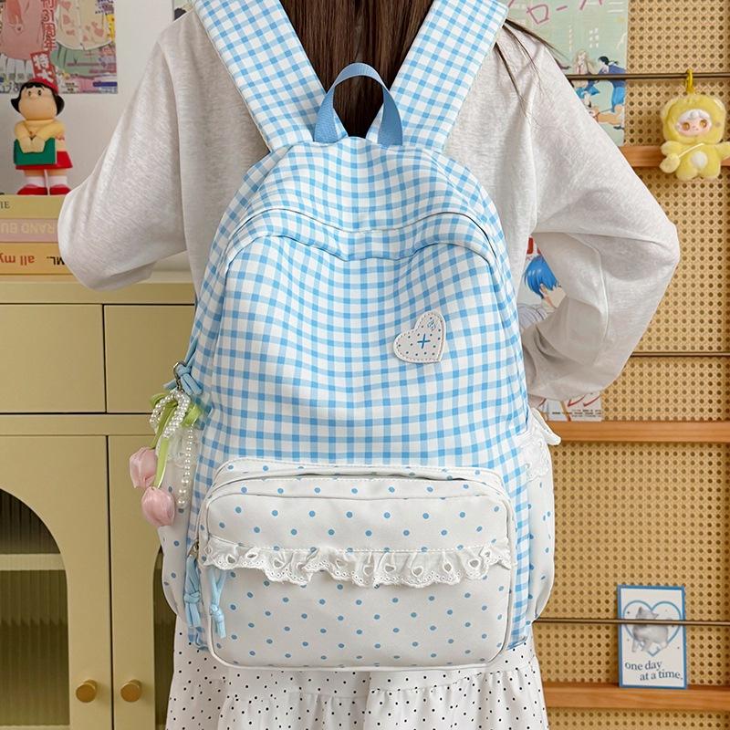 Schultasche weiblich ins hoher Wert Retro kariert Mittelschüler Rucksack Spitze vielseitig große Kapazität Rucksack weiblich