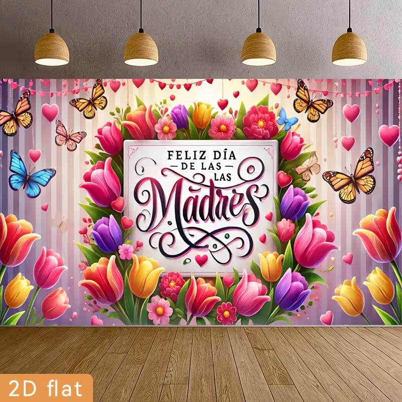 

2D Feliz Dia de las Madres Photography Backdrop, Spring Tulip & Butterfly Party Background Decor 47.2x31.5inch/120*80cm