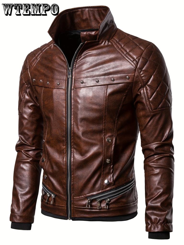 Ανδρικό Κομψό Μπουφάν Μοτοσικλετιστή από Συνθετικό Δέρμα με Αποσπώμενο Γούνινο Κολάρο - Ζεστό με Φλις Επένδυση, Streetwear με Φερμουάρ - Συνθετικό Δέρμα & Φλις - για Άνδρες