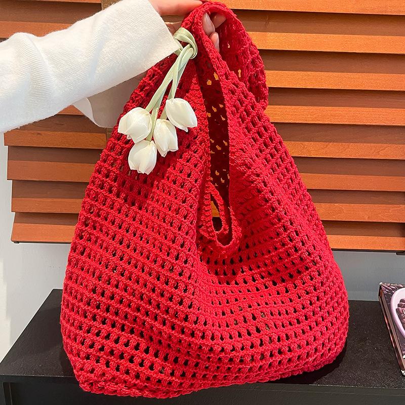 

Casual Large-capacity Woven Bag Hollowed-out Laid-back Style Single-shoulder Bag Beach Bag Women s Bag хакі