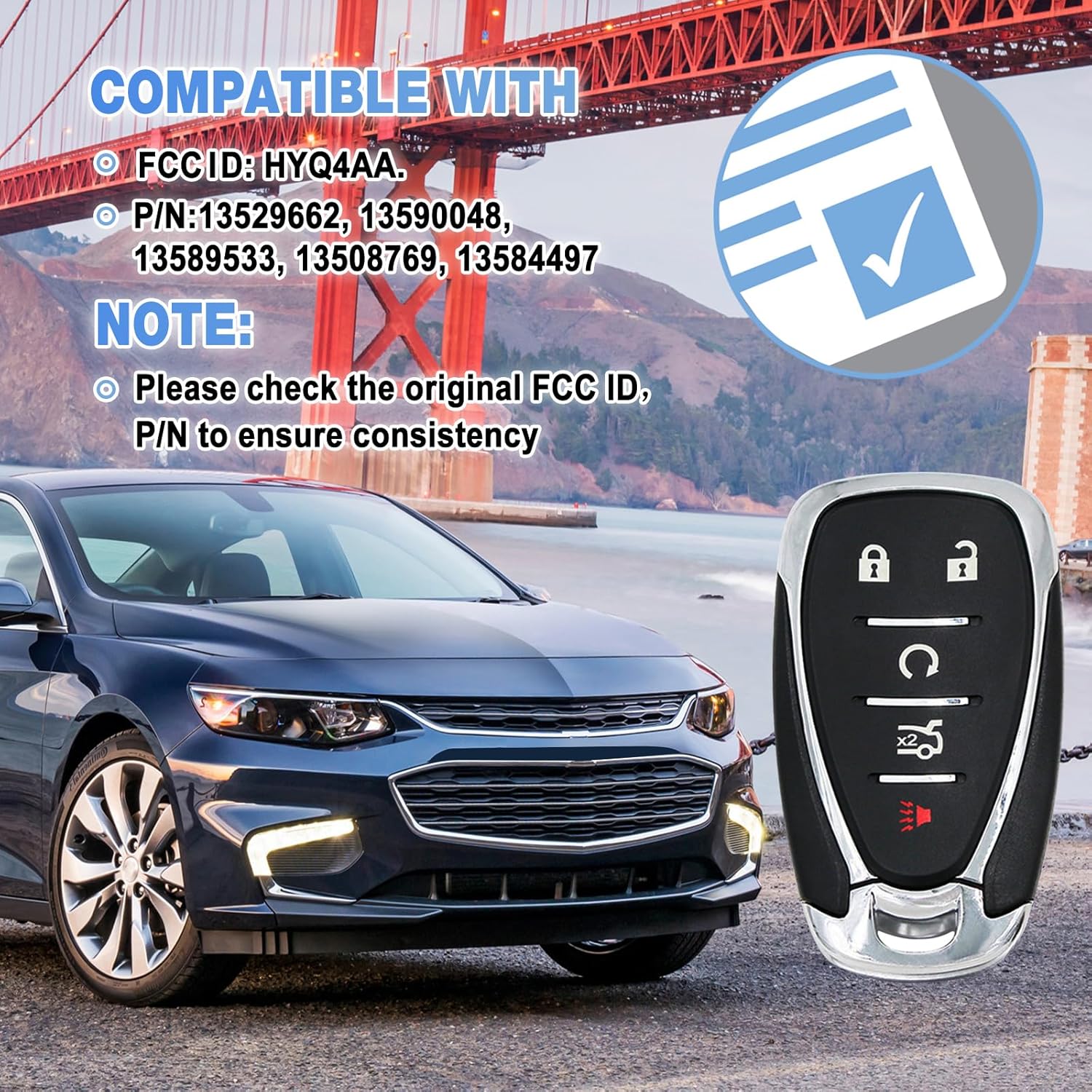 Key Fob Replacement for Chevy Camaro 2016-2021 Chevy Cruze 2016-2019 Chevy Malibu 2016-2021 5 Buttons Keyless Entry Remote Control Fit for HYQ4EA