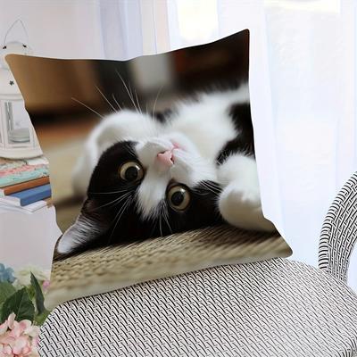 Cute Black and White Cat Pillow Case, Adorable Tuxedo Kitten Lying On Mat Cushion Cover for Living Room Sofa Bedroom Home Decor