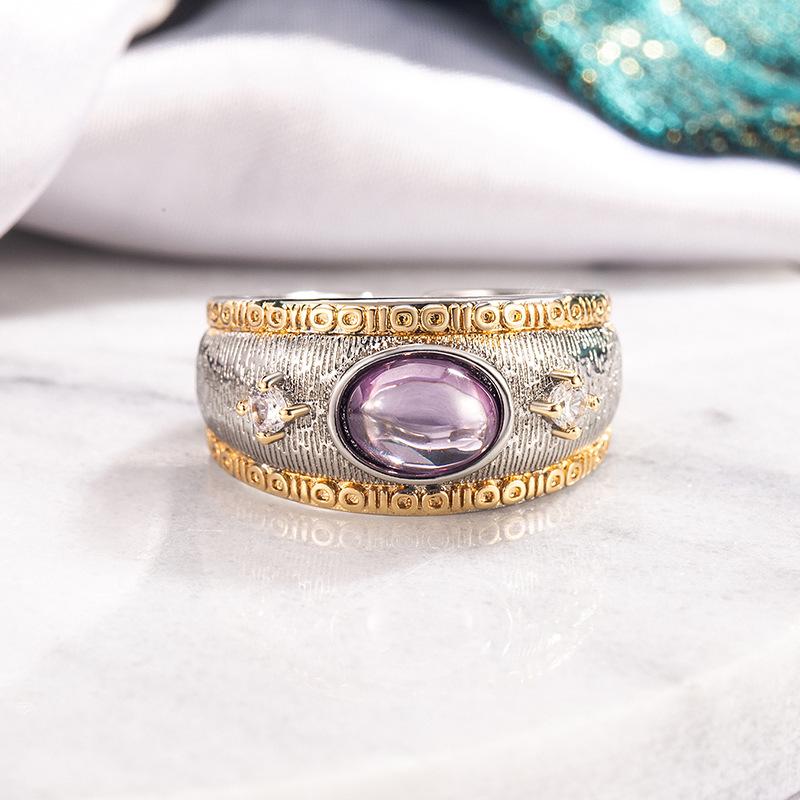 Women s Oval Purple Diamond Two-Tone Ring - Luxury French Design Adjustable Opening