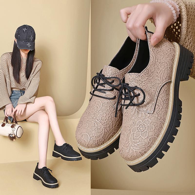 Shoes for Women Pumps Retro Fretwork Flowers Platform Round Toe Casual Sneaker Block Heel Artificial Leather New In Lace-on Sale