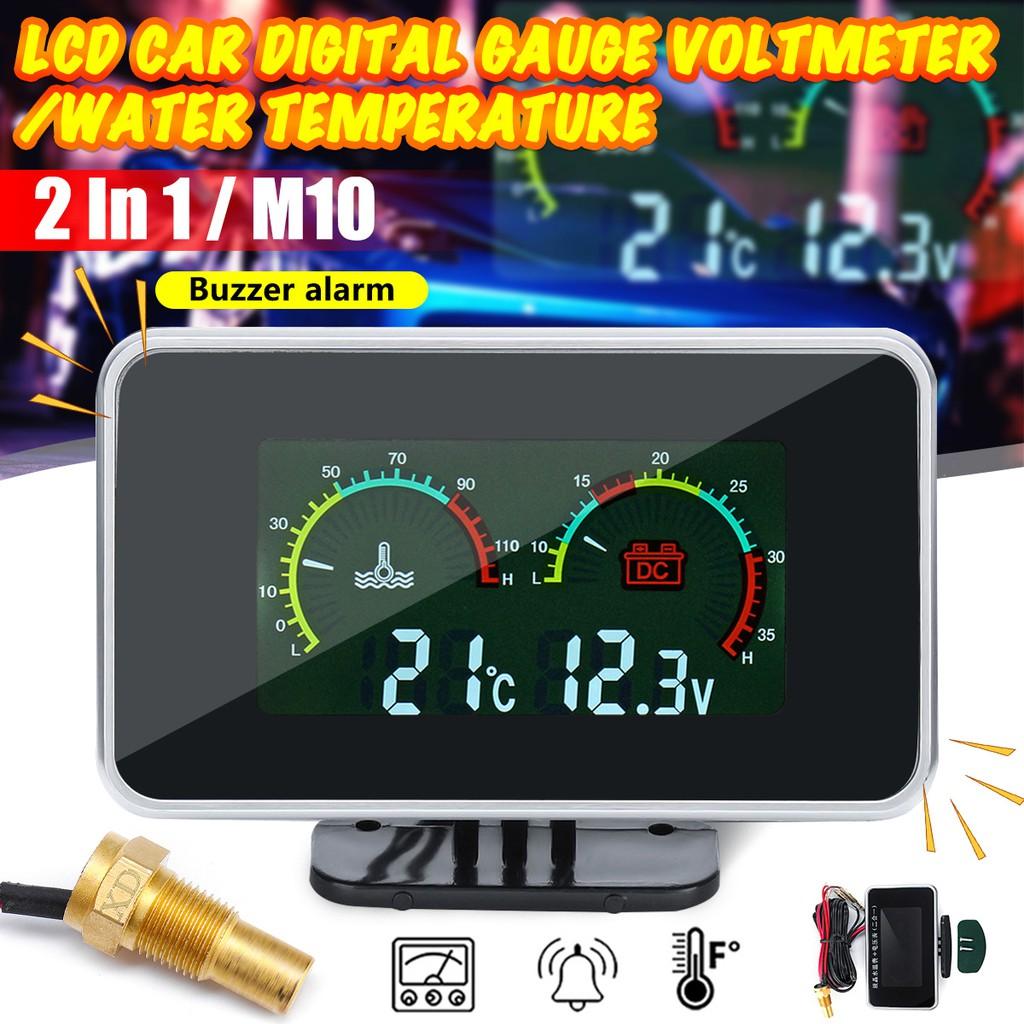 2in1 M10 -40 - 50℃ DC 12V-24V 9.5x6.3x3.2cm LCD Digital Gauge Voltage Pressure Water Temp Meter Alarm