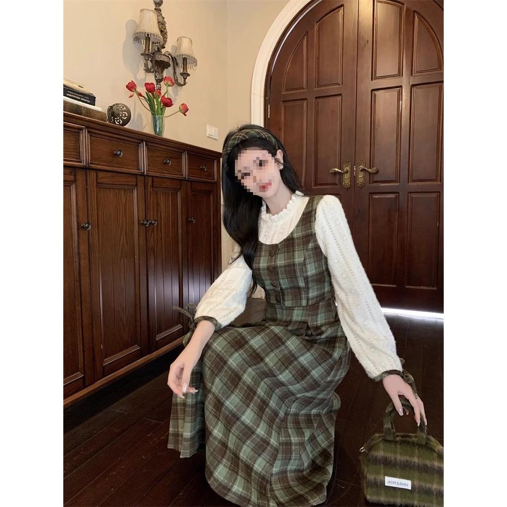 College style fake two green plaid dresses autumn and winter women's clothing new small men wear long dresses