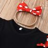 Little Girl Princess Outfit: Black Puff Sleeve Top, Polka Dot Overalls Skirt, and Bow Headband Set