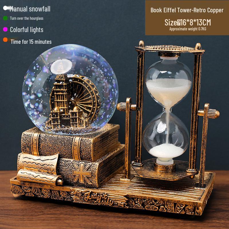 Creative Luminous Eiffel Tower Snow Globe Music Box - Retro Desktop Decoration