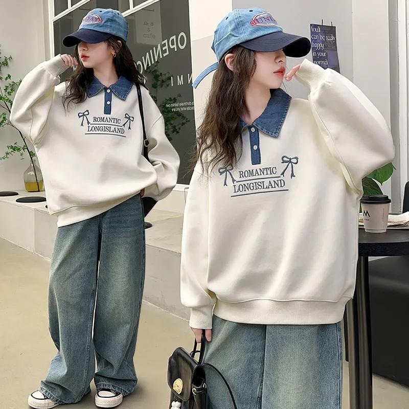 Girls' Casual Suits, Western Style, Big Children's Sweaters, Children's Jeans, Spring and Autumn Two-piece All-match