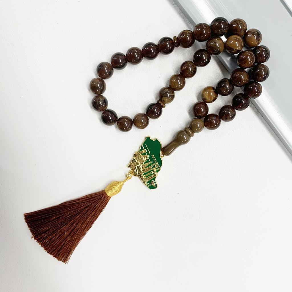 Saudi Arabia Map Gilt Pendant with 33mm Muslim Prayer Beads - Islamic Rosary Tasbih Middle Eastern Bracelet