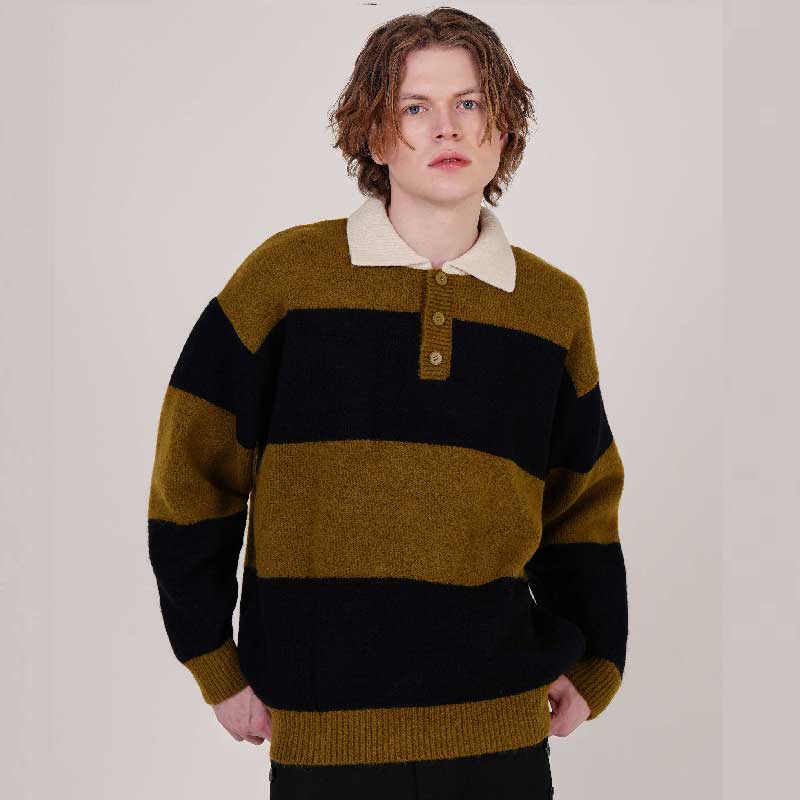 CUSTOMUS Men'S Wool Blend Striped Rugby Collared Knit Cxs25Wsktc26 Kha