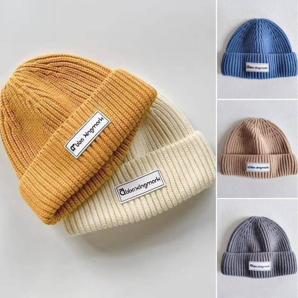 New Letter Label Baby Beanie Cap Warm Solid Color Toddler Knitted Hat Windproof Winter Cap Autumn Winter