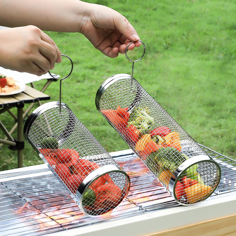 Round BBQ Basket Stainless Steel Rolling Grilling Basket Wire Mesh Cylinder Grill Basket Portable Outdoor Camping Barbecue Rack