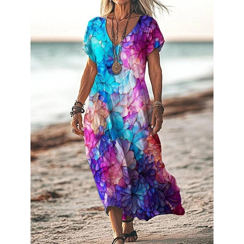 YYFS Women's Fashion Summer Spring Flower Pattern Print Short Sleeve V-Neck Loose Waistline Casual Dresses