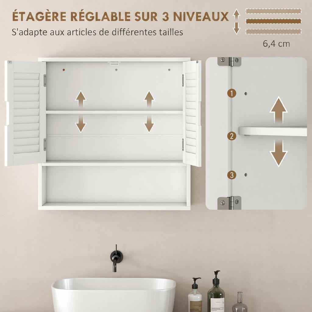 Bathroom Wall Cabinet, Slatted Door, Adjustable Shelf, Open Compartment, 60 x 20 x 60 cm, White