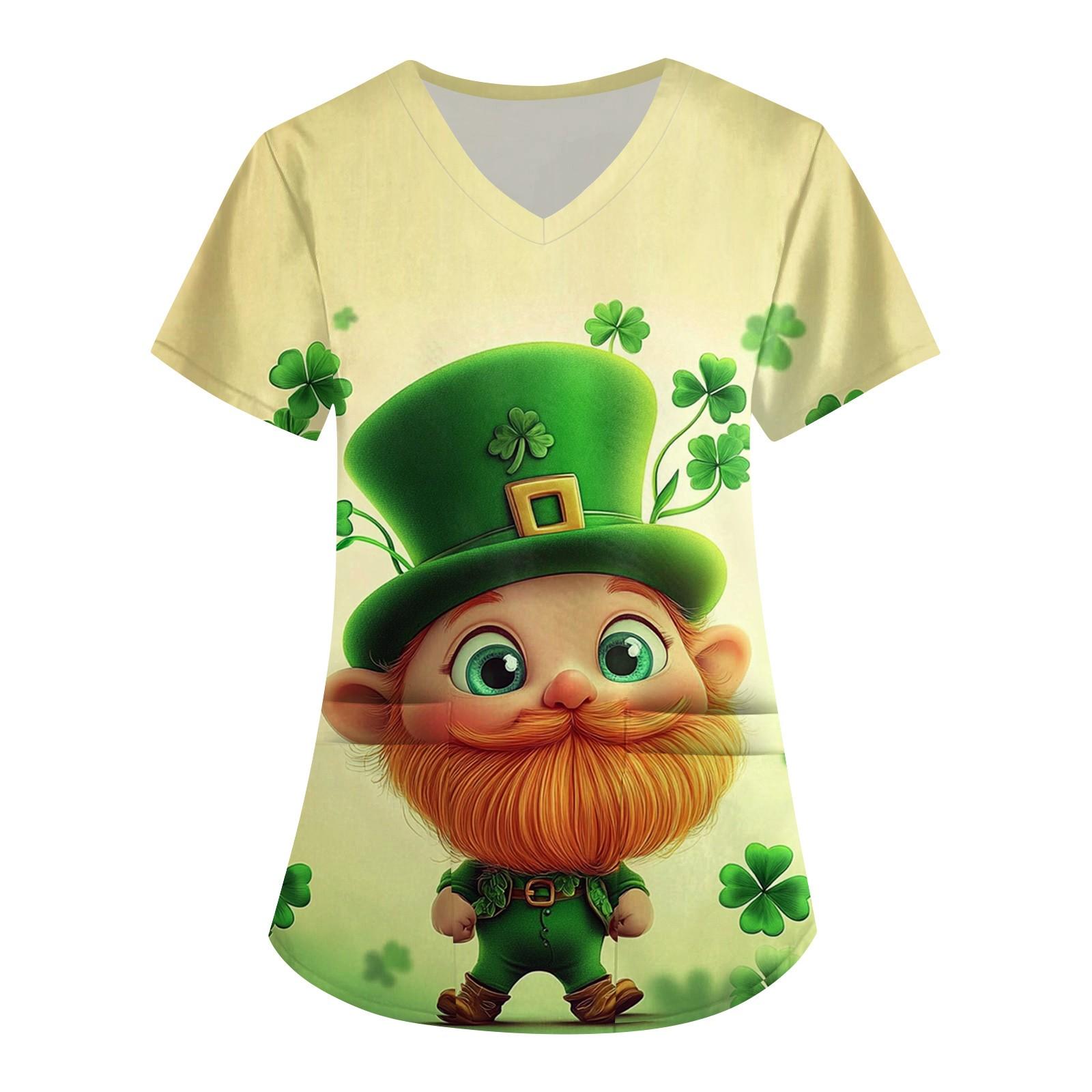 

Женская симпатичная рабочая одежда с принтом, V-образным вырезом, двухслойными карманами, базовым коротким рукавом, пуловером St.. День Патрика XL жёлтый