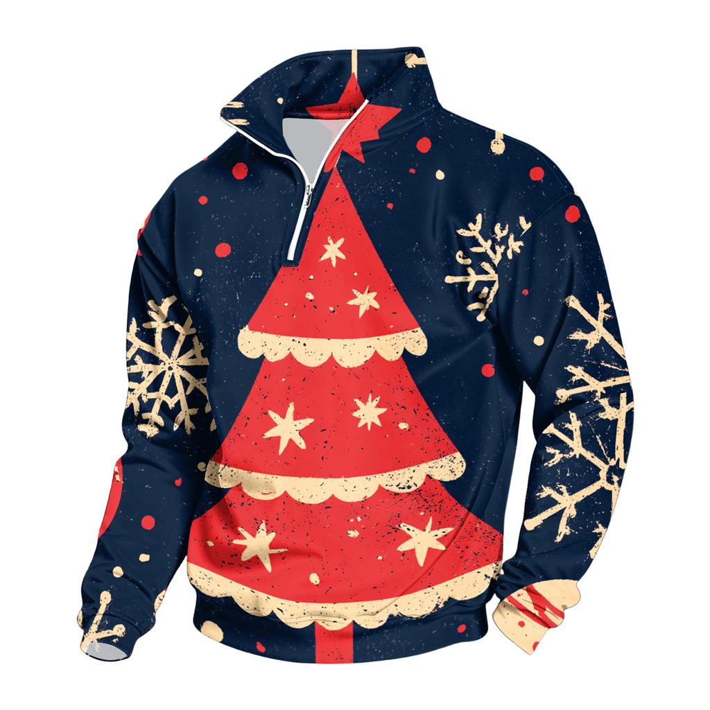 Men's Casual Long Sleeve Stand Collar Sweatshirt with Christmas Print Pullover
