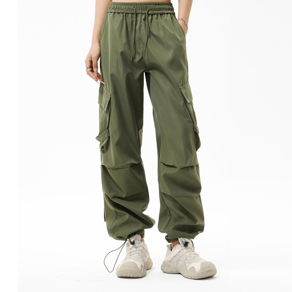 Women's Overalls Casual Lightweight Solid Color Trousers Drawstring Multi-Pockets Straight Leg Pants