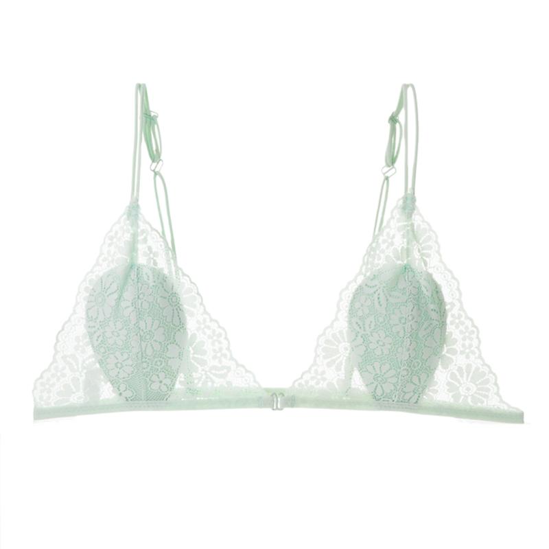 Women's Lace Bra Underwire Less See Through Bra Small Chest Triangle Cup Ultra-thin Lace Bra Pure Desire Beautiful Back Front Buckle Bra
