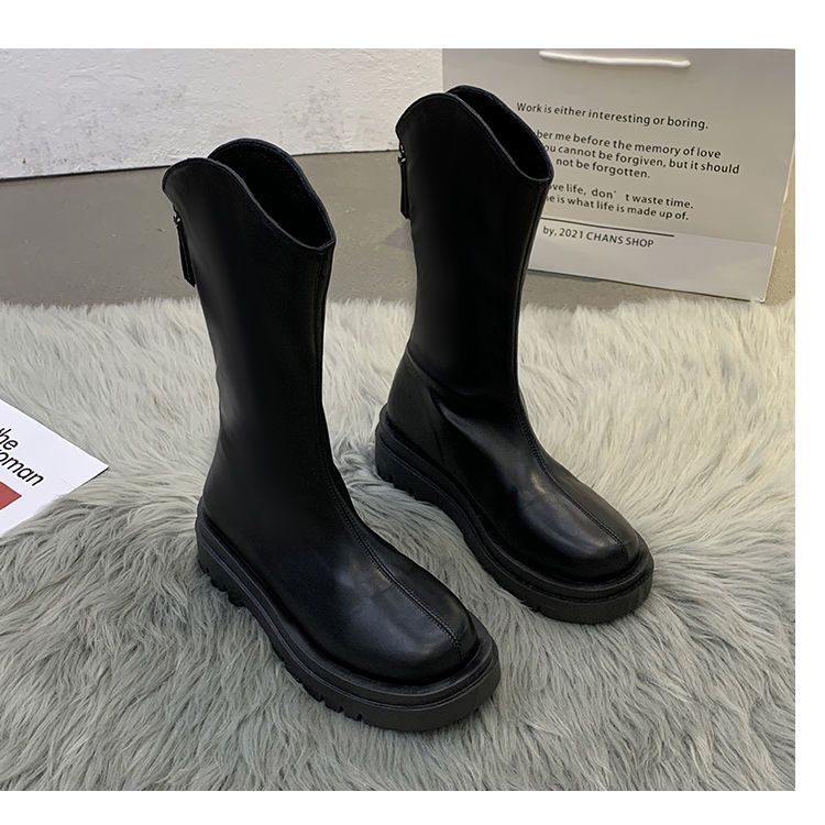 Autumn and winter new fashionable versatile flat-bottomed thick-soled thin boots 2025 post-zipper velvet medium tube Martin boots tide