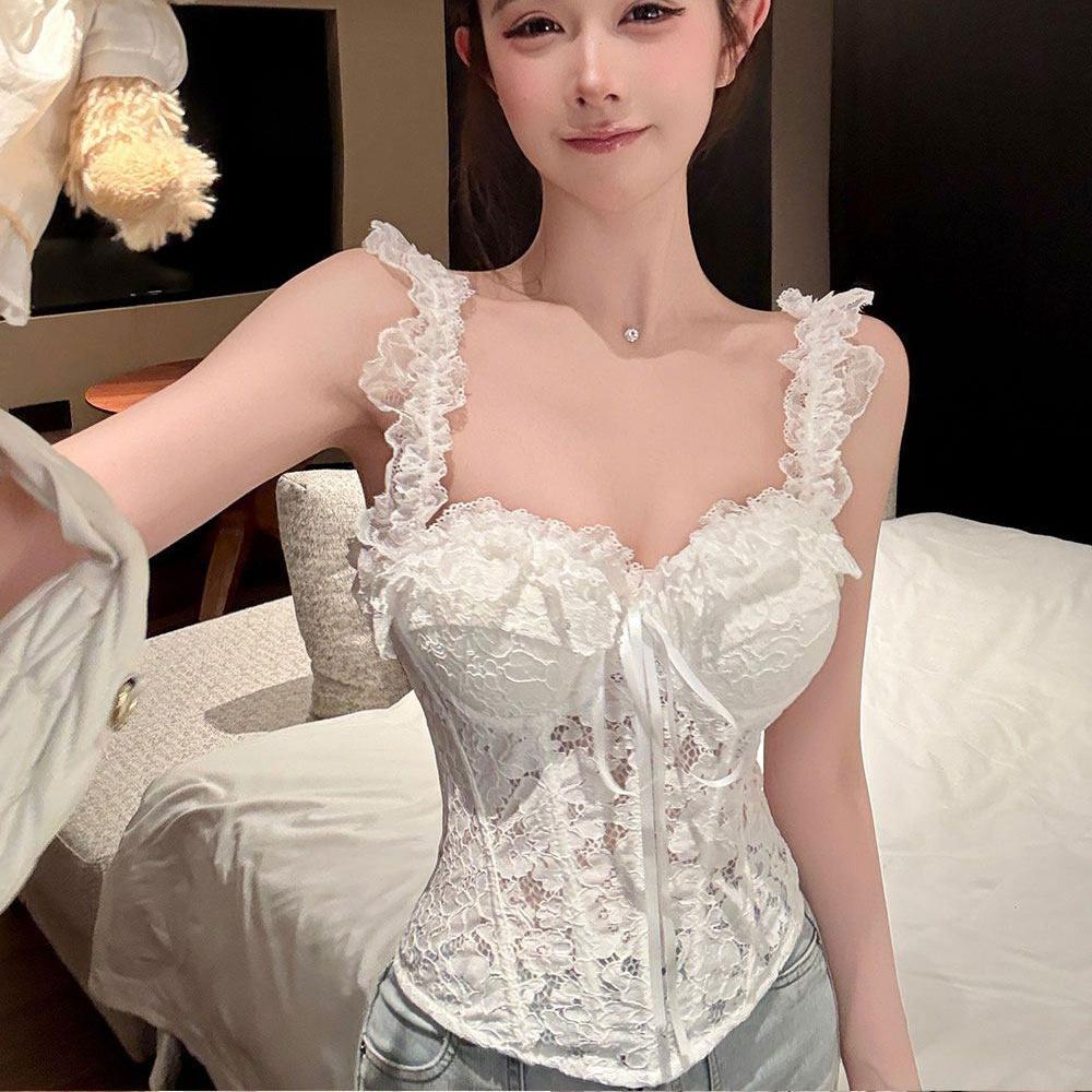 One-word shoulder lace fishbone bra with chest pad, summer new sexy lace-up sleeveless back zipper back top