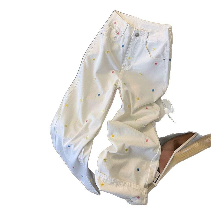 Small floral embroidered white jeans women's autumn new design straight-leg pants wide-leg niche floor-mopping pants
