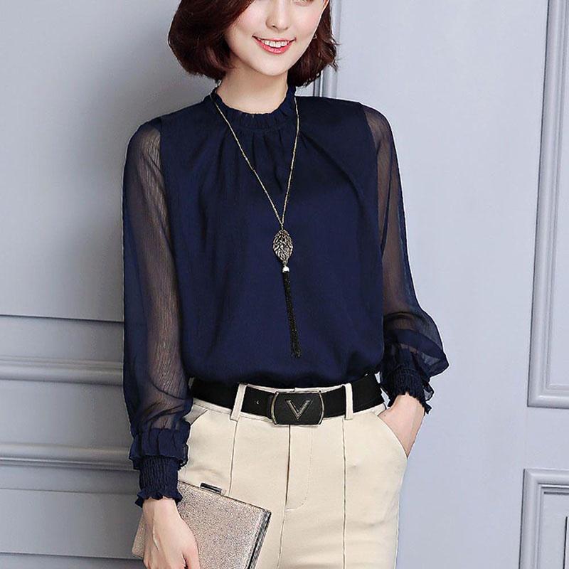 Womens Spring Chiffon Shirt With Lace Vneck And Long Sleeves For Casual Daily Wear
